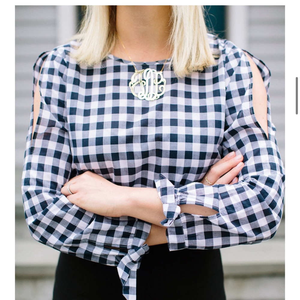 Gingham Bow Sleeve Open Slit Blouse